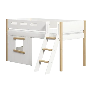 High Bed 120 cm with Treehouse, Slanting Ladder and Safety Rail, 90x200 cm, NOR White/Oak, Oak Frame