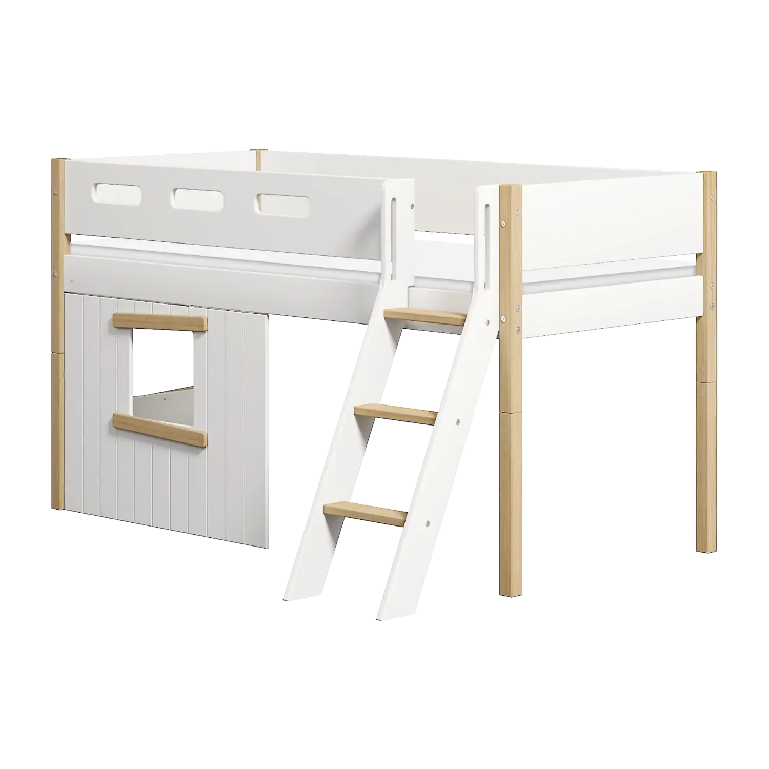 High Bed 120 cm with Treehouse, Slanting Ladder and Safety Rail, 90x200 cm, NOR White/Oak, Oak Frame