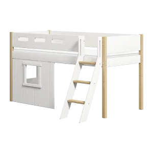High Bed 120 cm with Treehouse, Slanting Ladder and Safety Rail, 90x200 cm, NOR White/Oak, White Frame