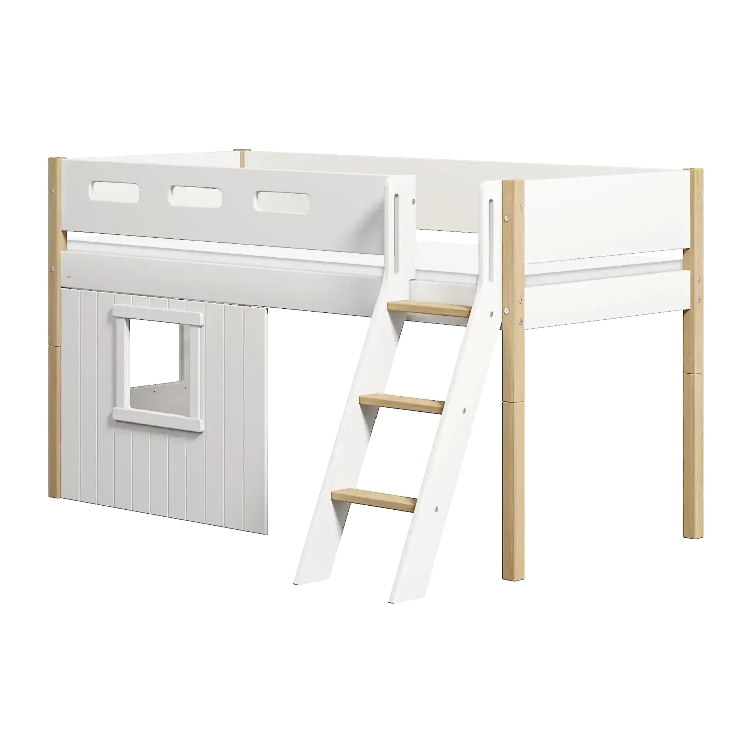 High Bed 120 cm with Treehouse, Slanting Ladder and Safety Rail, 90x200 cm, NOR White/Oak, White Frame