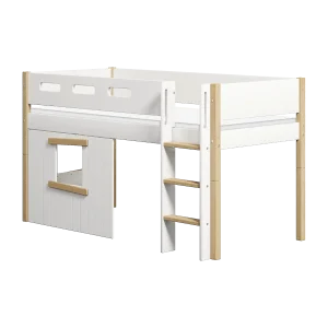 High Bed 120 cm with Treehouse, Straight Ladder and Safety Rail, 90x200 cm, NOR White/Oak, Oak Frame