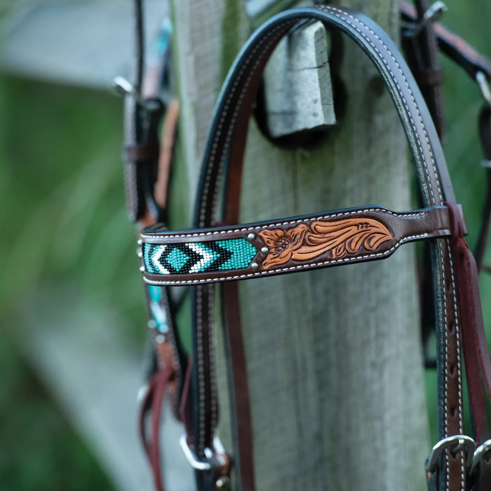 Turquoise Cross Turquoise Beaded 5/8" Browband Headstall - Image 2